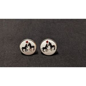 VTGE Unsigned Ceramic Enamel Love Equestrian Silver/Gold Tone Cuff Links